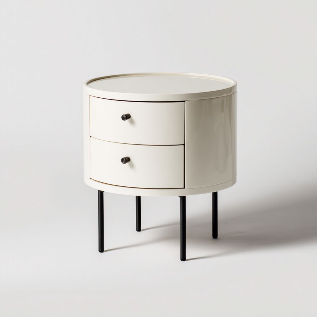 Table de chevet ronde à double tiroir blanc crème avec pieds et poignées noirs