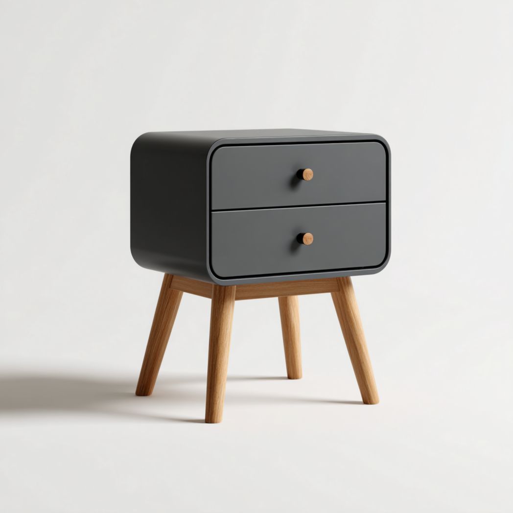 Table de chevet gris foncé à deux tiroirs avec pieds et poignées brun clair