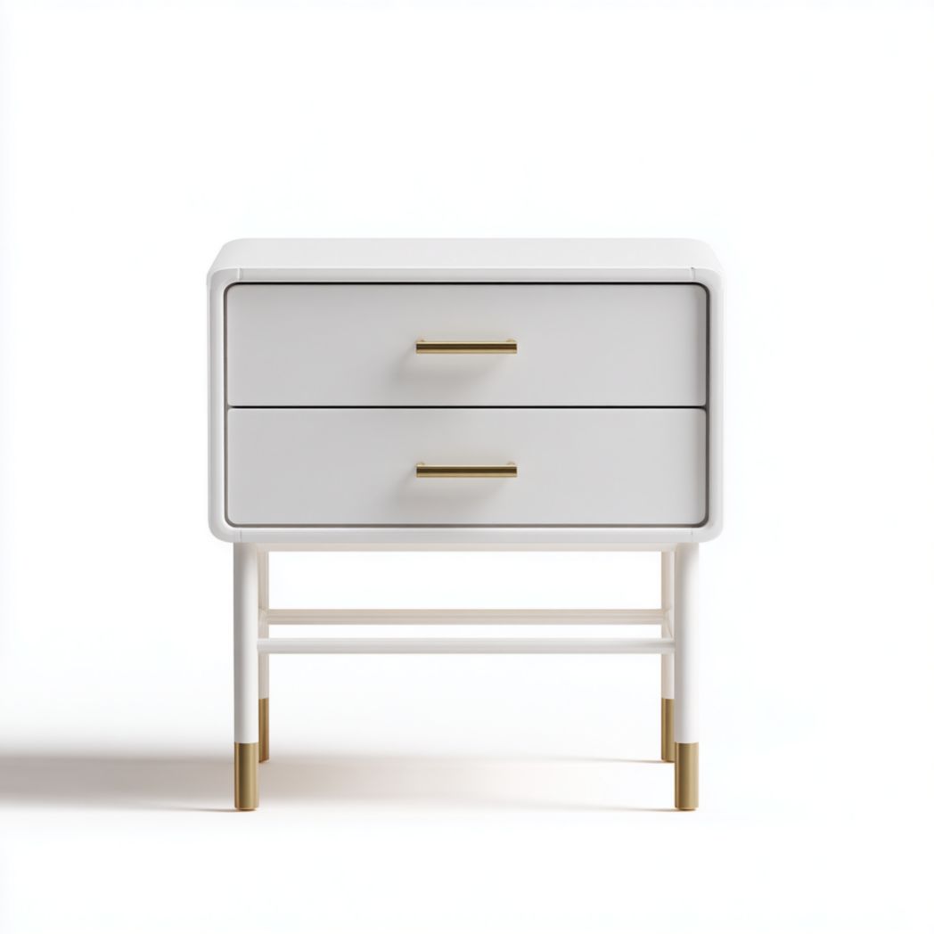 Table de chevet blanche à deux tiroirs avec poignées et embouts dorés en métal