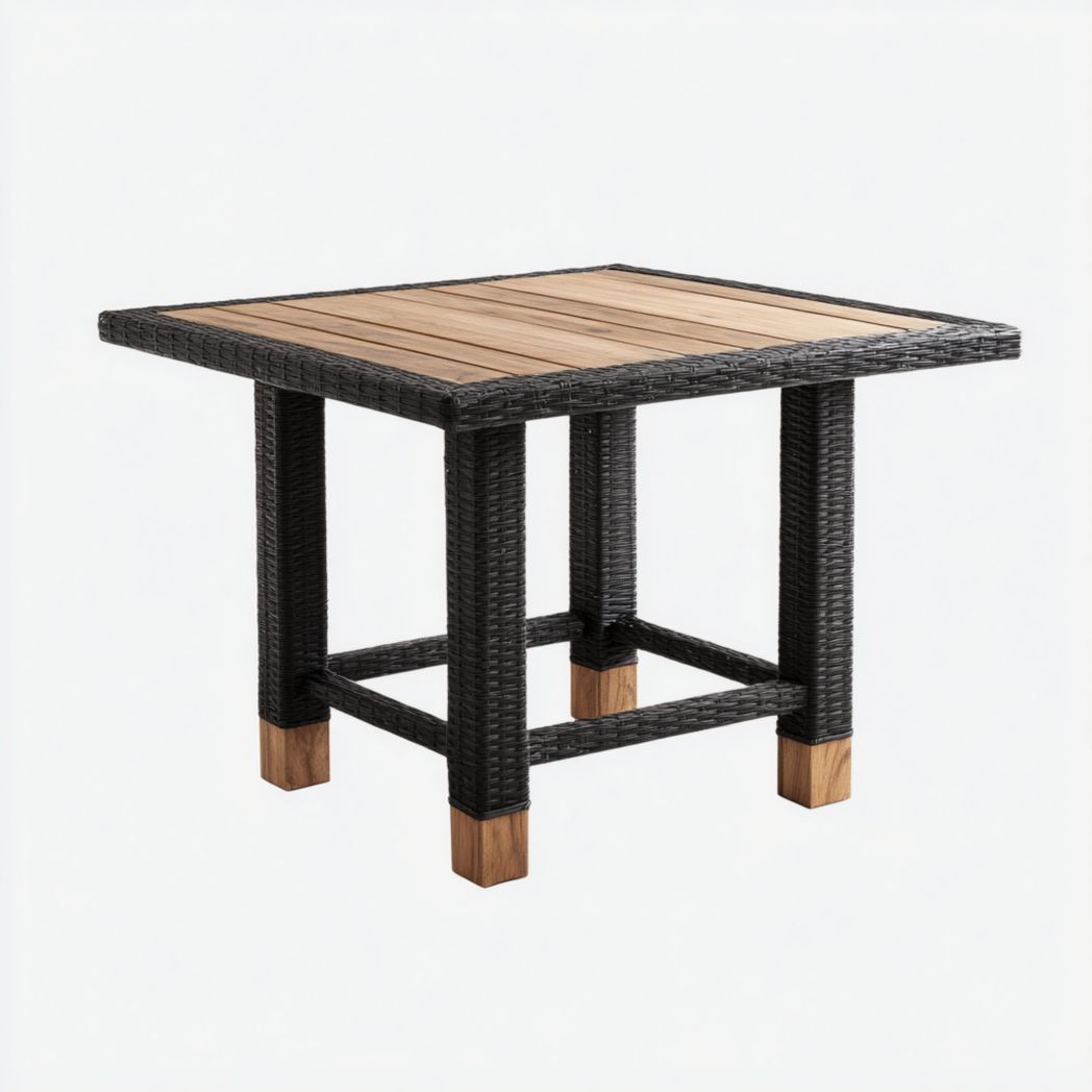Table de jardin carrée plateau bois brun clair et structure en rotin noir