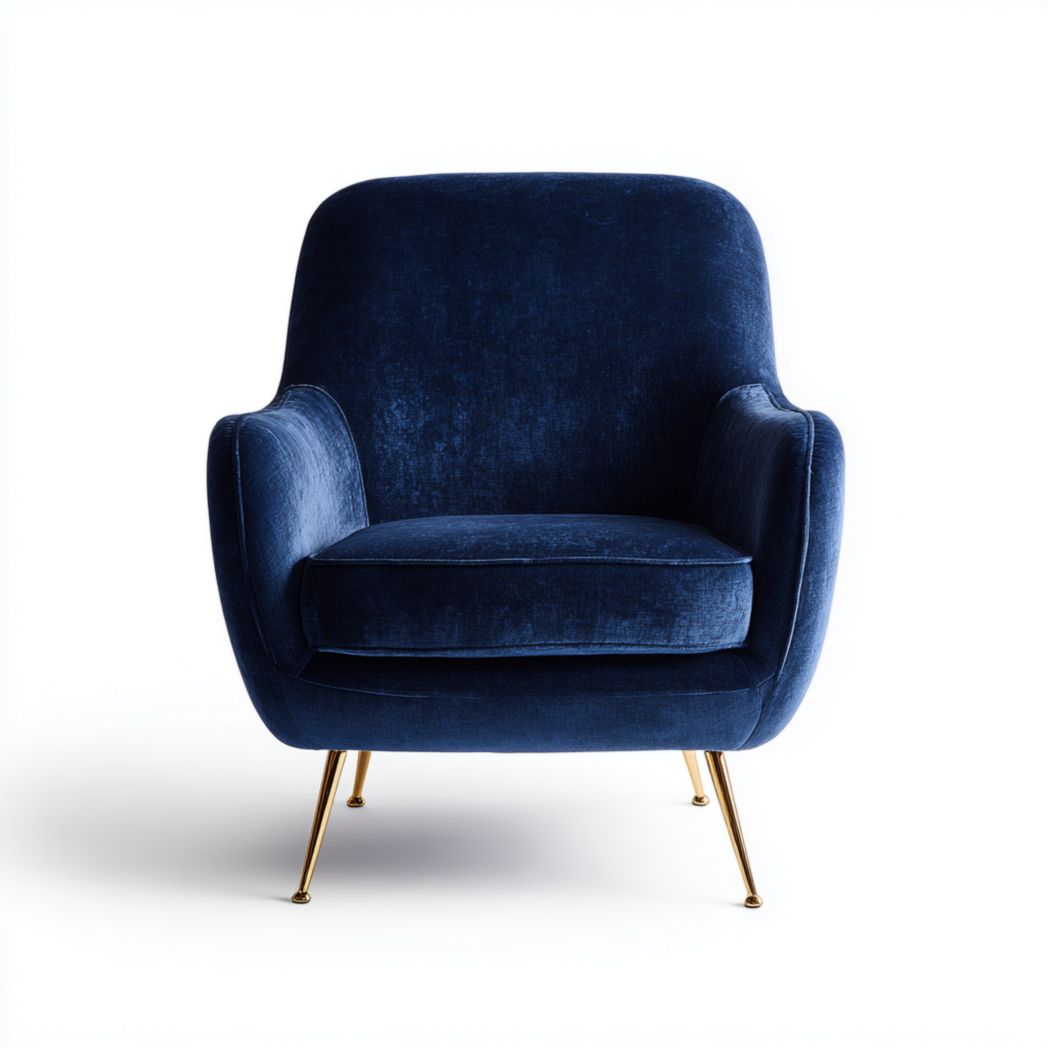 Fauteuil en tissu mélangé en lin velours bleu avec pieds en métal doré