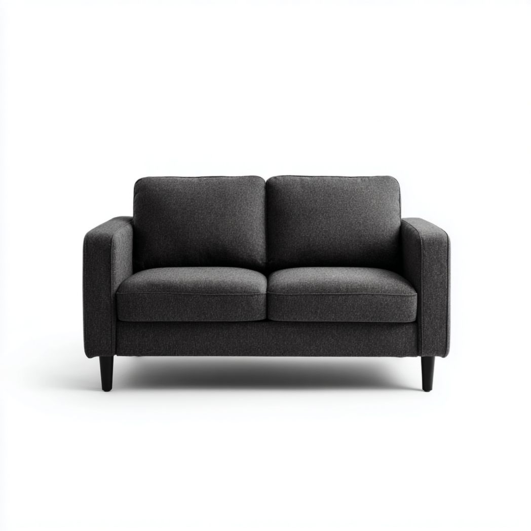 Canapé 2 places en tissu mélangé en lin gris foncé, pieds en métal noir