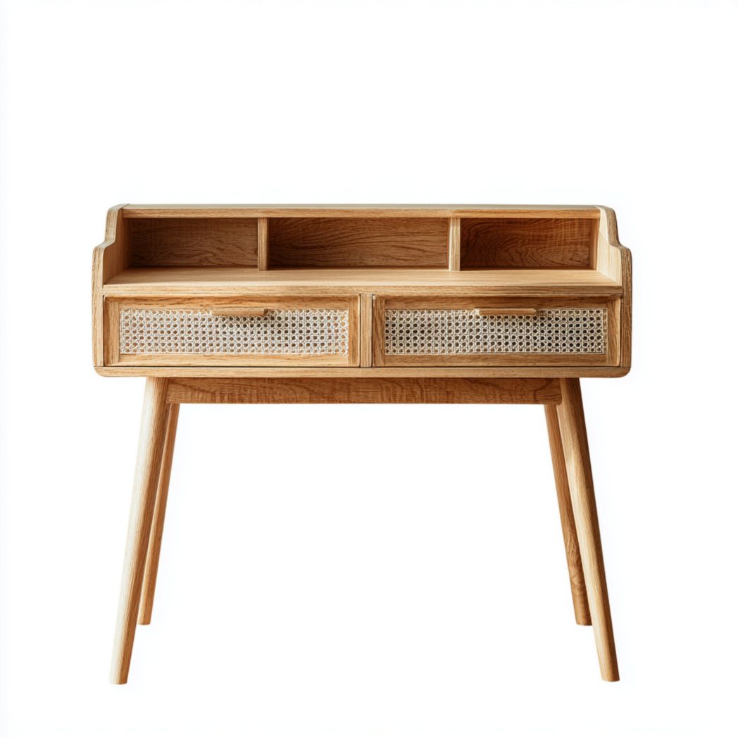 Bureau en bois brun clair à deux tiroirs avec façade en rotin tressé