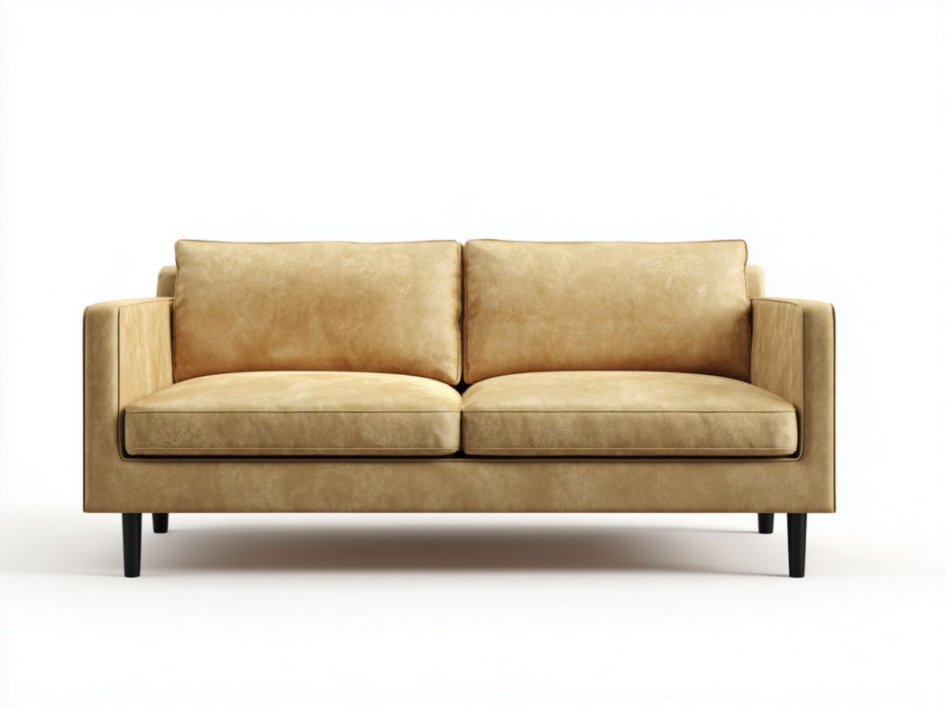 Canapé 2 places en cuir brun clair, pieds en métal noir