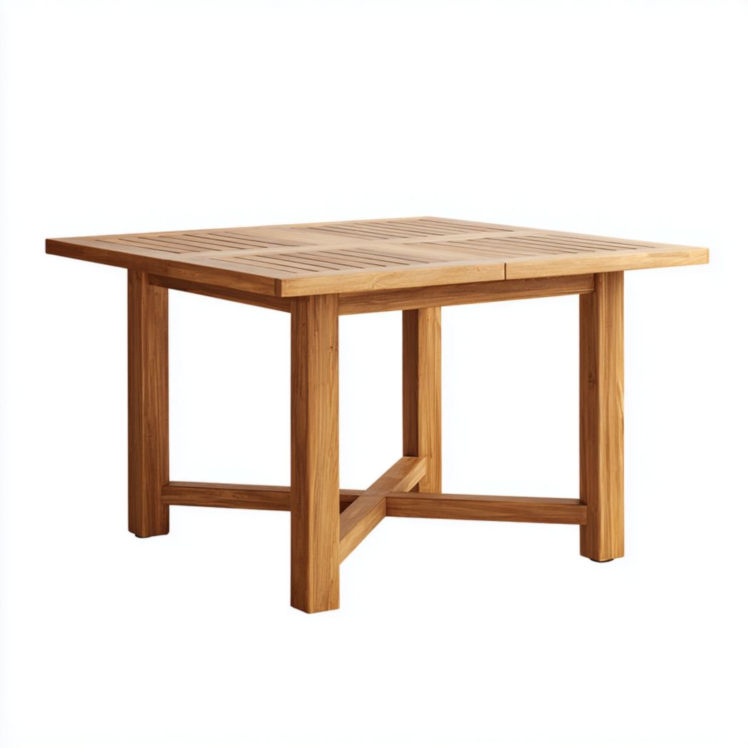 Table de jardin en bois massif marron clair avec structure de support en croix