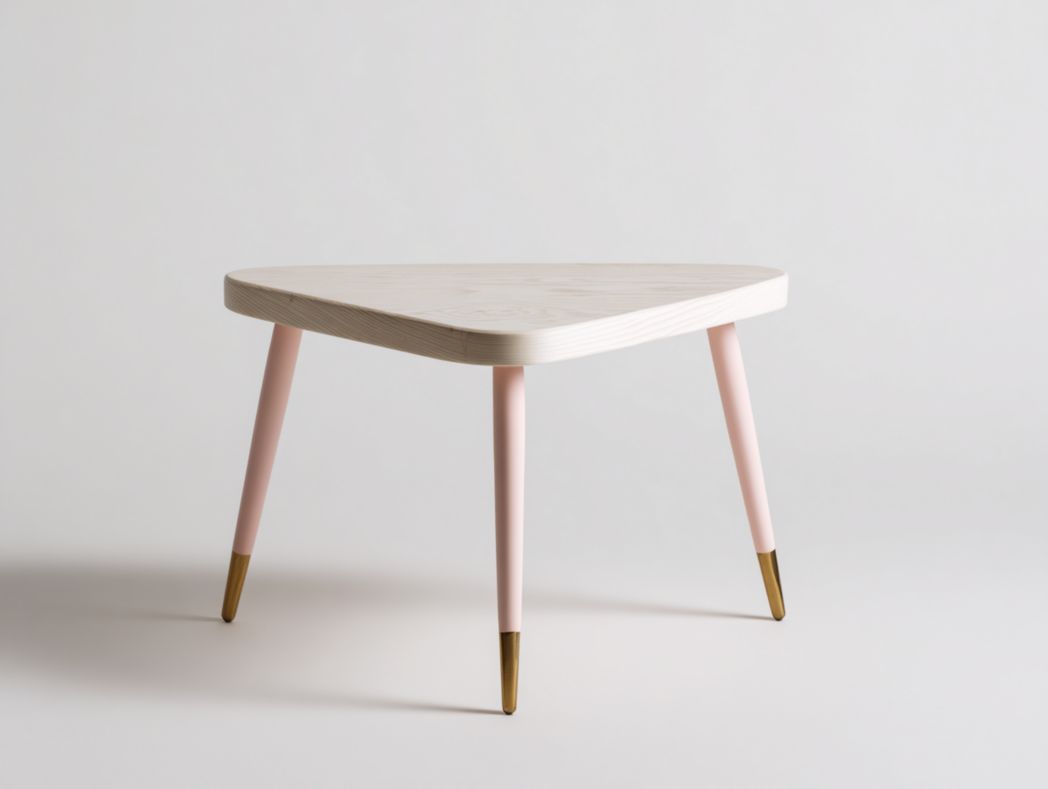 Table d'appoint triangulaire en bois clair avec pieds roses et embouts dorés