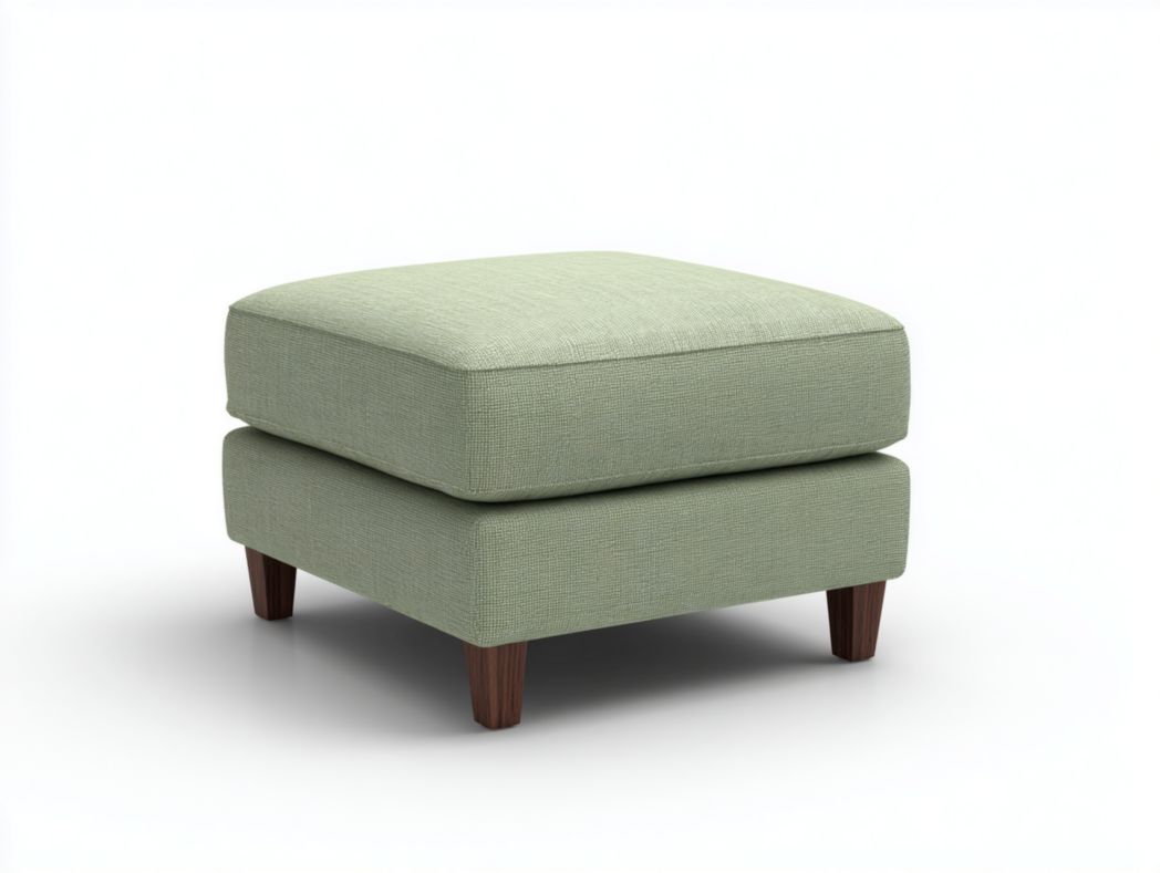 Tabouret carré rembourré en tissu mélangé en lin vert clair avec pieds en bois foncé