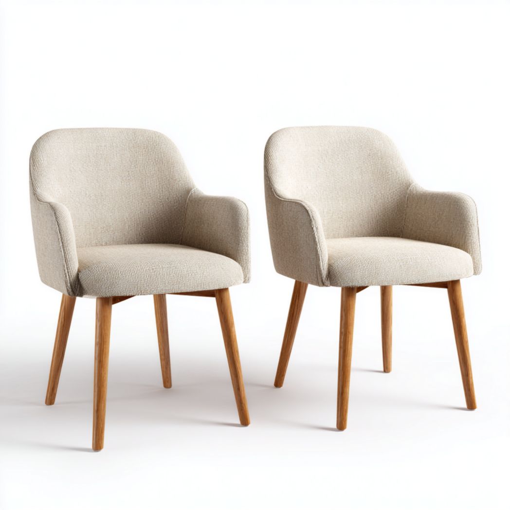 Lot de 2 chaises à manger en tissu mélangé en lin beige clair, pieds en bois brun