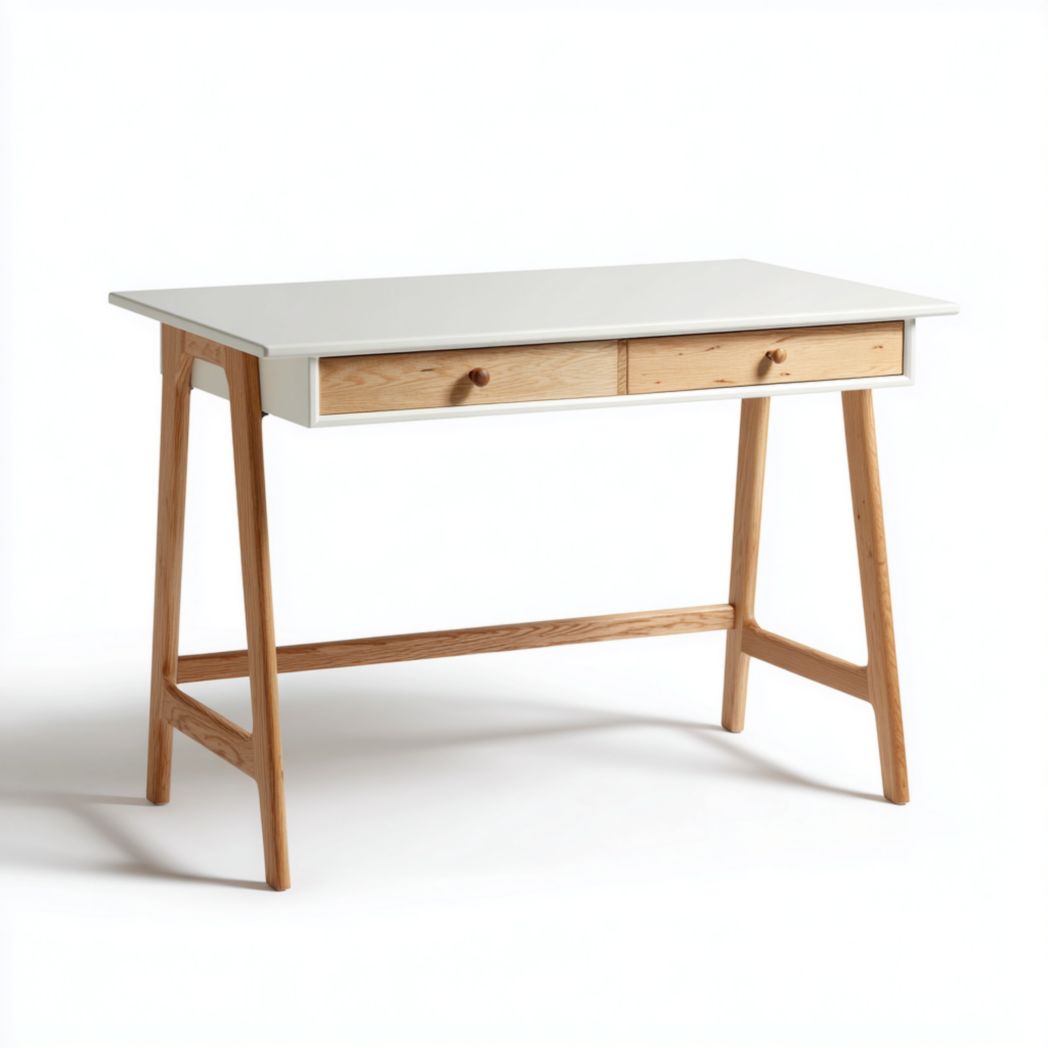Bureau avec plateau blanc cassé et pieds en bois brun clair à deux tiroirs