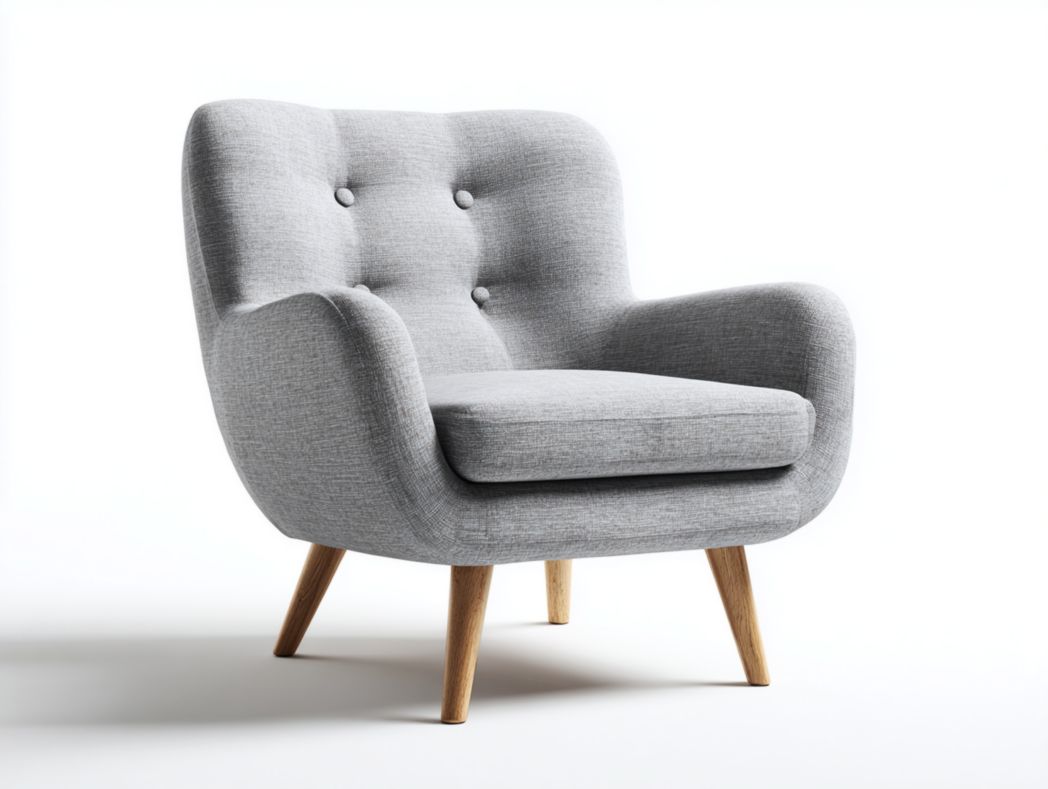 Fauteuil en tissu mélangé en lin gris clair avec pieds en bois et dossier à boutons