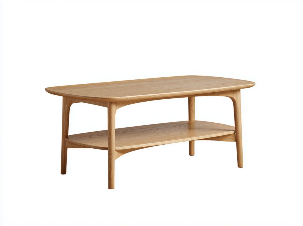 Table basse rectangulaire en bois massif couleur brun clair avec étagère