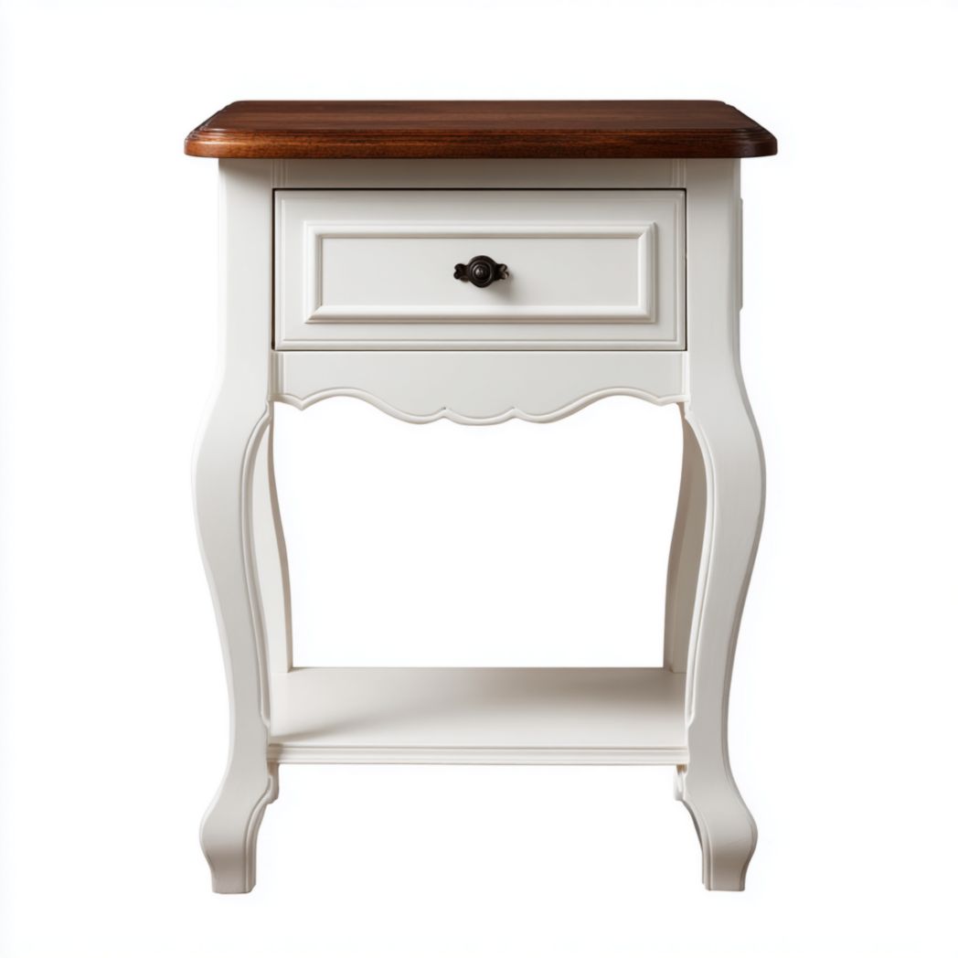 Table de chevet blanche de style français avec tiroir sculpté