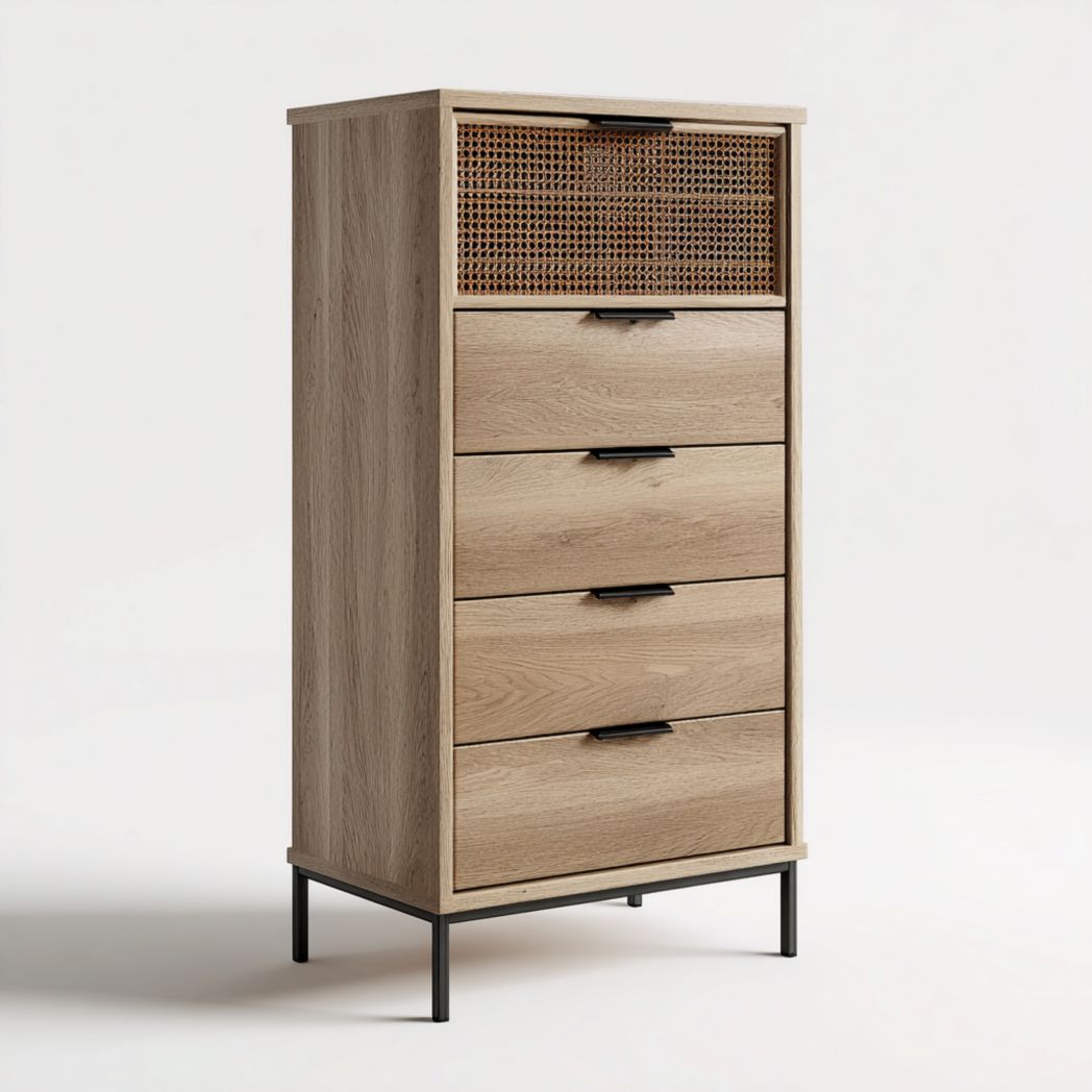 Commode en bois avec façade en cannage marron et cinq tiroirs