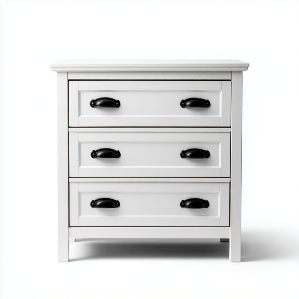 Commode en bois massif blanc à trois tiroirs