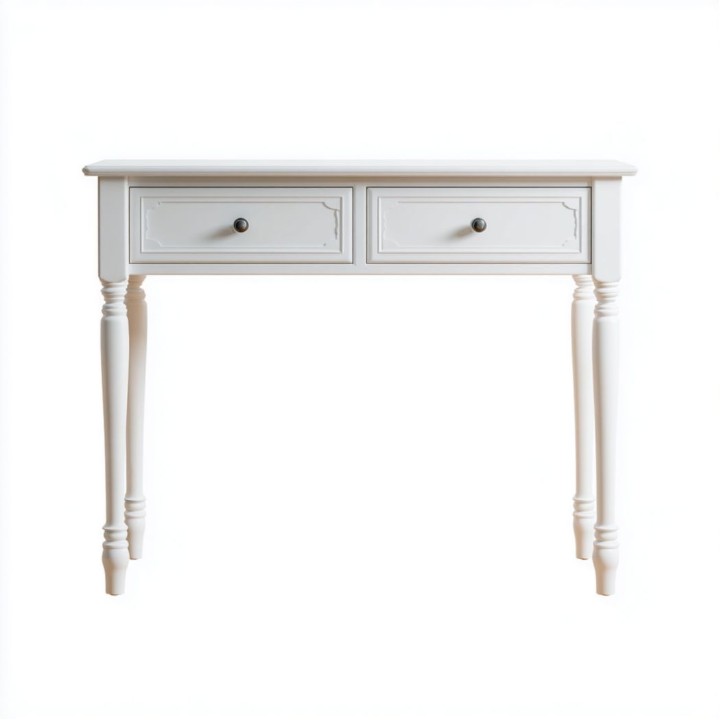 Bureau en bois blanc cassé à deux tiroirs avec pieds sculptés