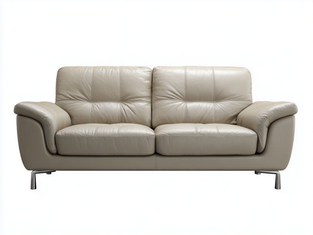 Canapé 2 places en cuir gris beige, pieds en métal argenté