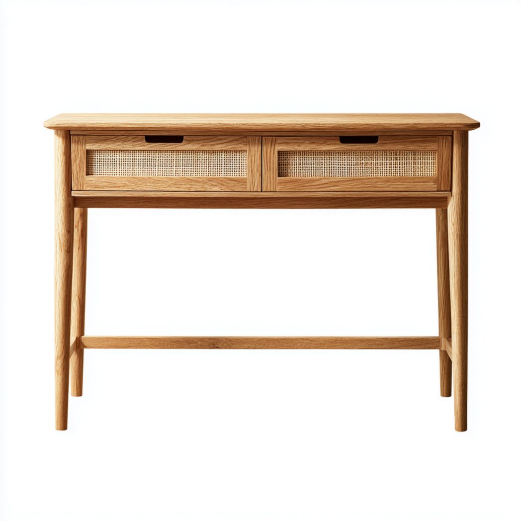 Bureau en bois brun clair à deux tiroirs avec façade en rotin tressé