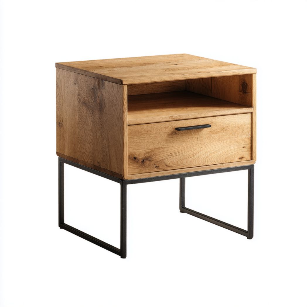 Table de chevet marron clair à un tiroir et niche ouverte avec pieds en métal noir