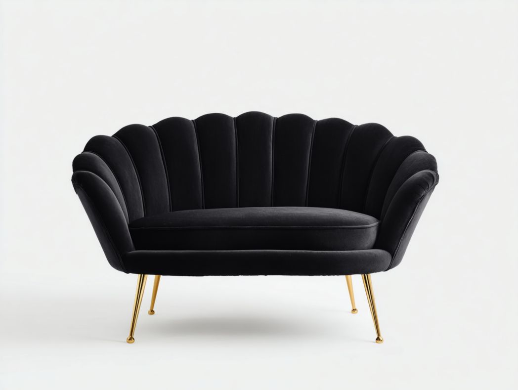 Canapé 2 places en tissu mélangé en lin noir, forme coquillage, pieds en métal doré