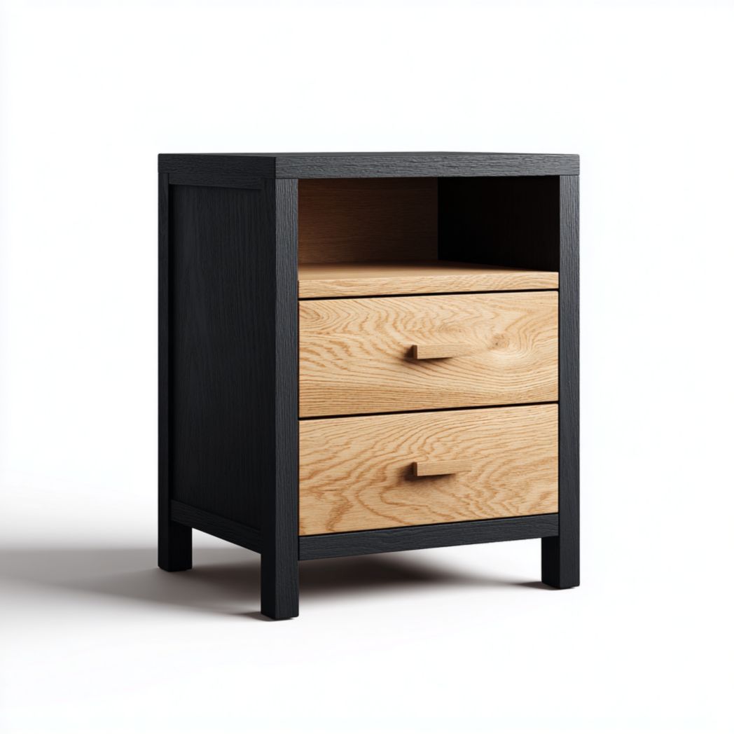 Table de chevet corps noir tiroirs brun clair avec espace de rangement ouvert