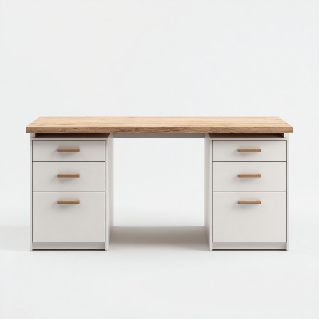 Bureau avec plateau brun clair et caissons blanc cassé à six tiroirs