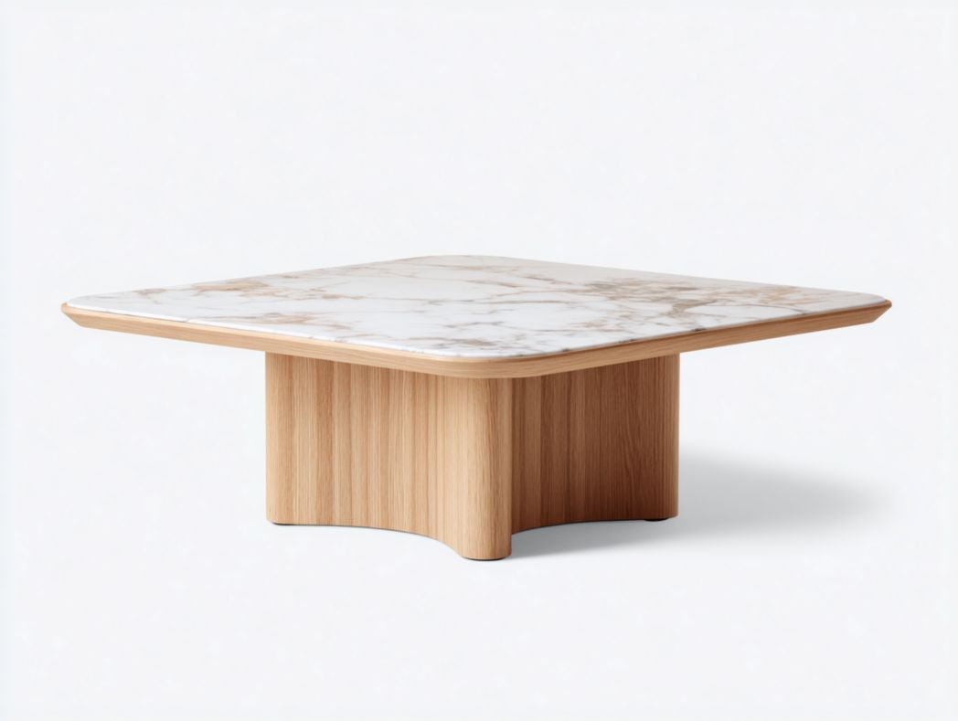 Table basse carrée en marbre blanc avec base en bois brun clair