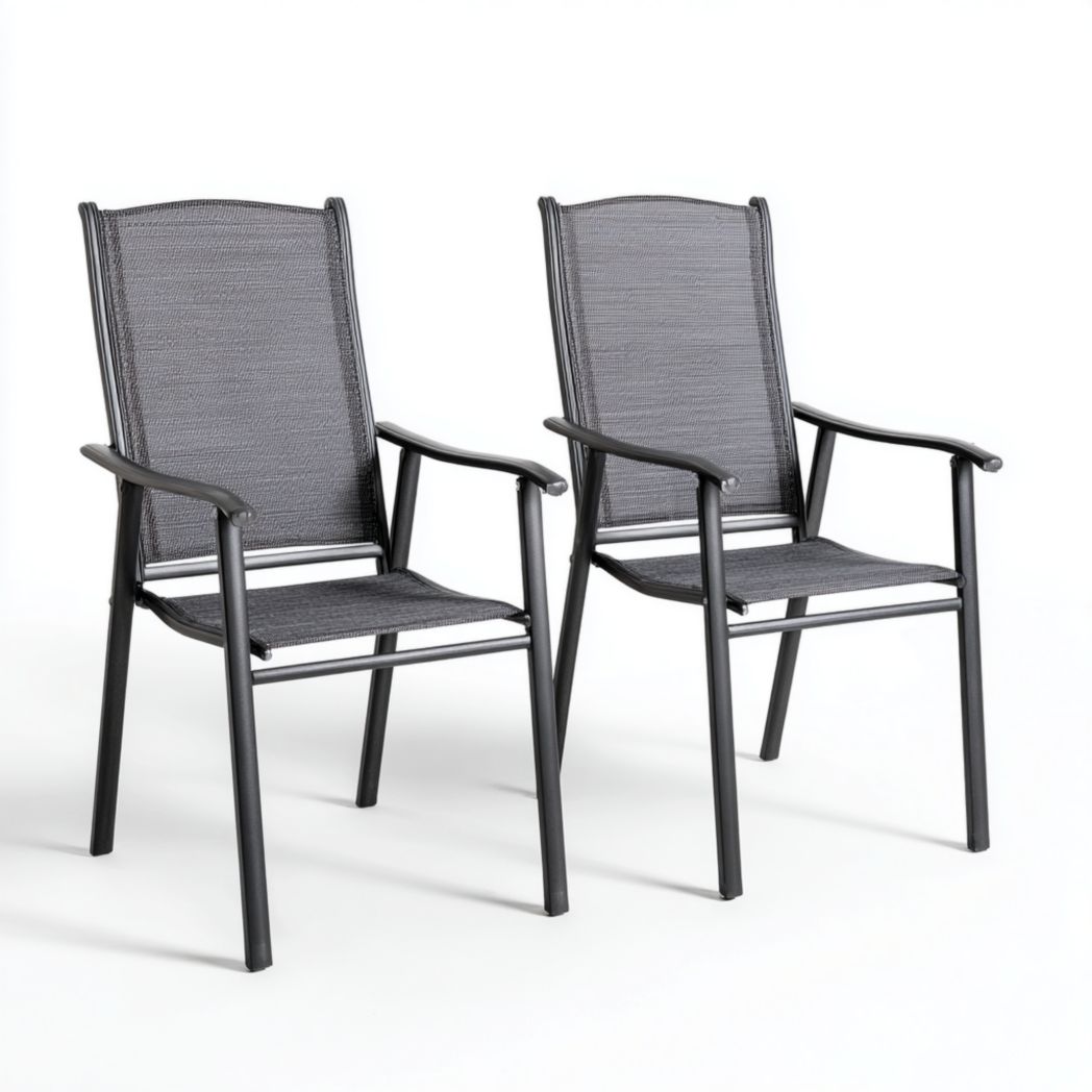 Lot de 2 chaises de jardin en maille gris foncé avec structure métallique noire