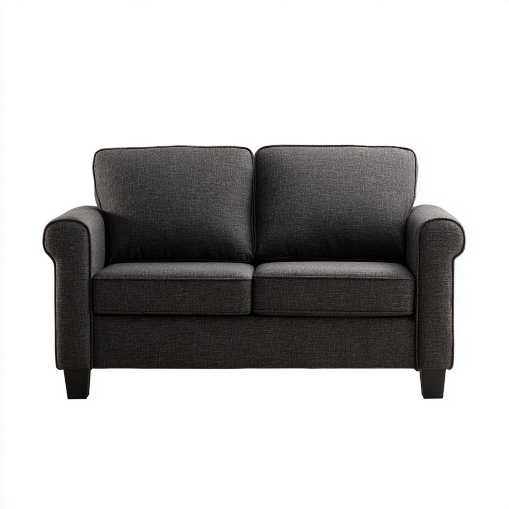 Canapé 2 places en tissu mélangé en lin gris foncé, pieds en bois noir