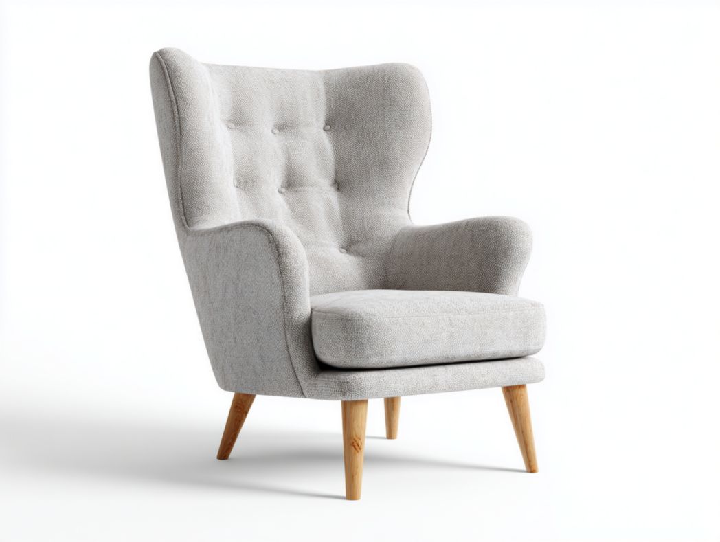 Fauteuil à dossier haut en tissu mélangé en lin beige clair avec pieds brun clair