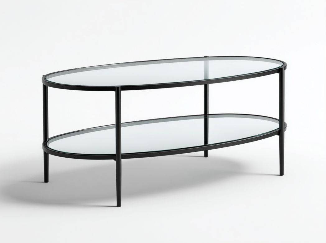 Table basse ovale en verre avec structure métallique noire