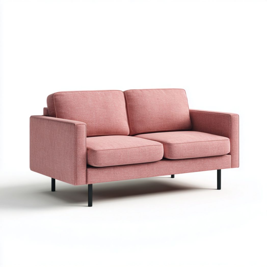 Canapé 2 places en tissu mélangé en lin rose, pieds en métal noir