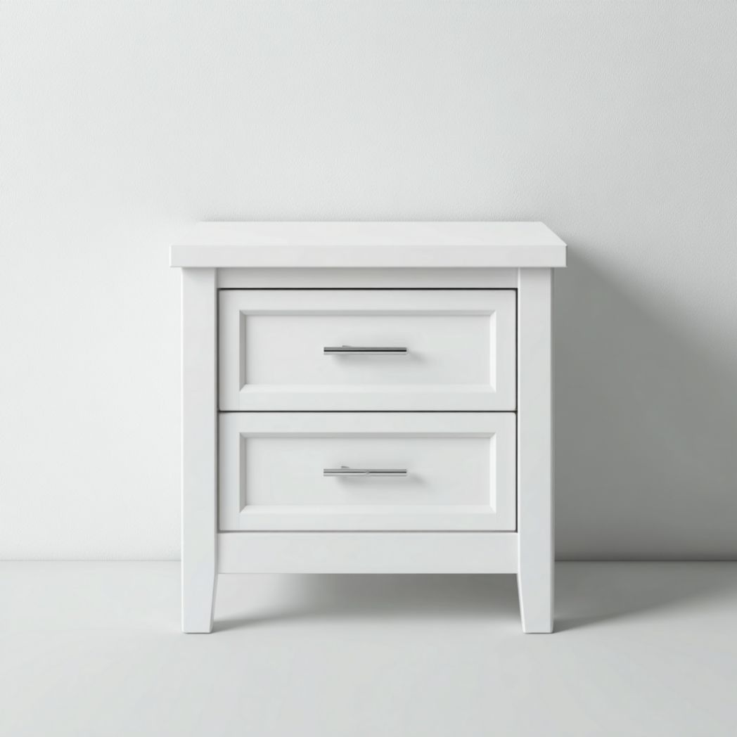Table de chevet en bois blanc à deux tiroirs avec poignées métalliques gris argenté