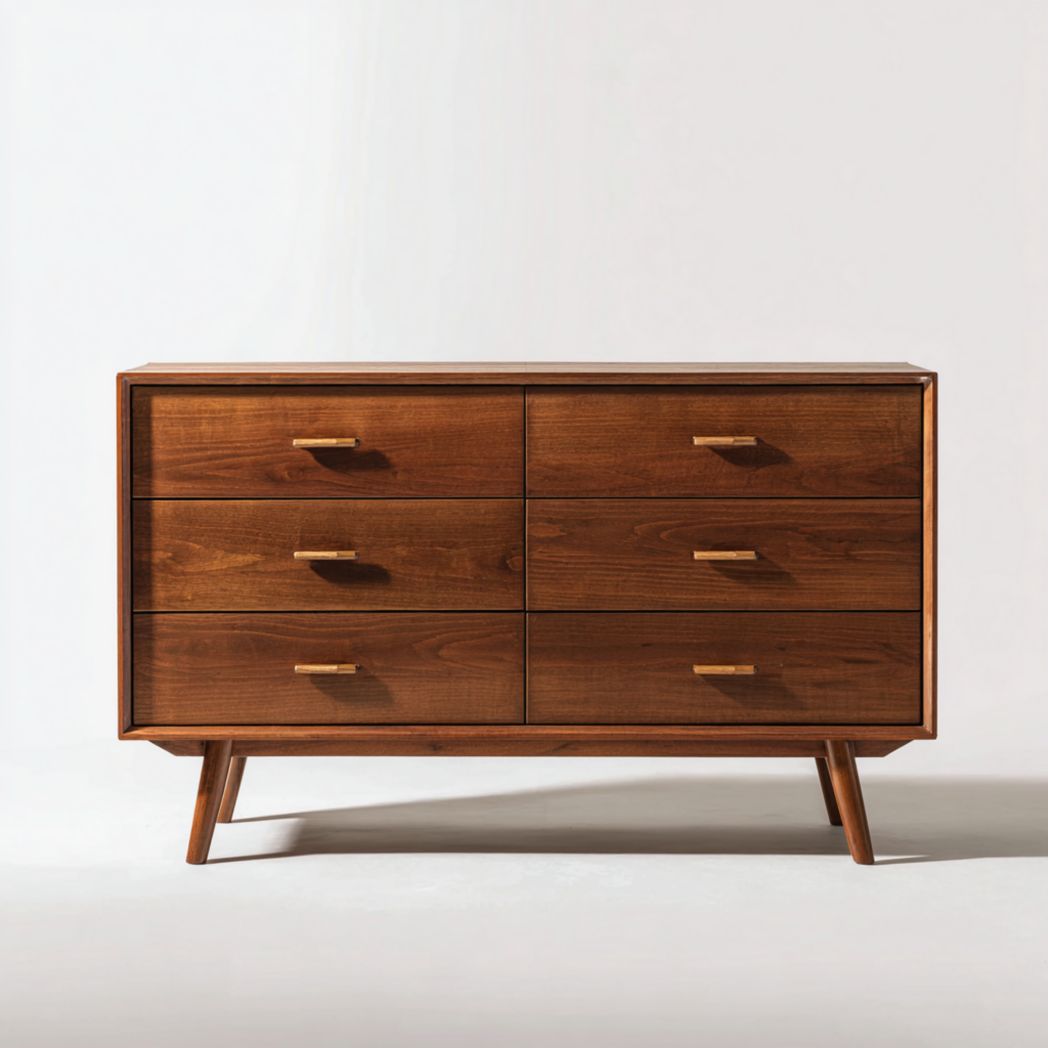 Commode en bois massif brun foncé à six tiroirs