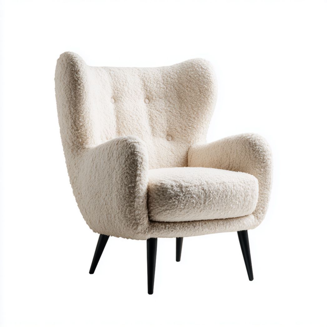 Fauteuil à dossier haut en daim mélangé polyester blanc cassé avec pieds en métal noir