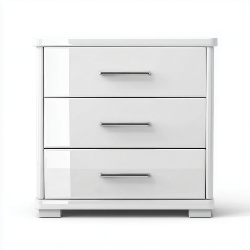 Commode blanche à trois tiroirs avec poignées en métal argentées