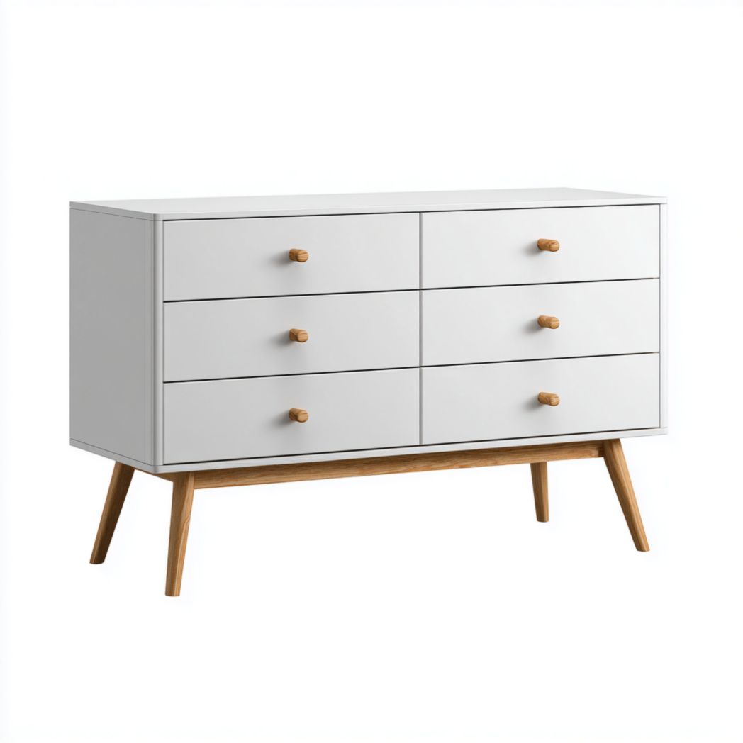 Commode en bois massif gris clair à six tiroirs