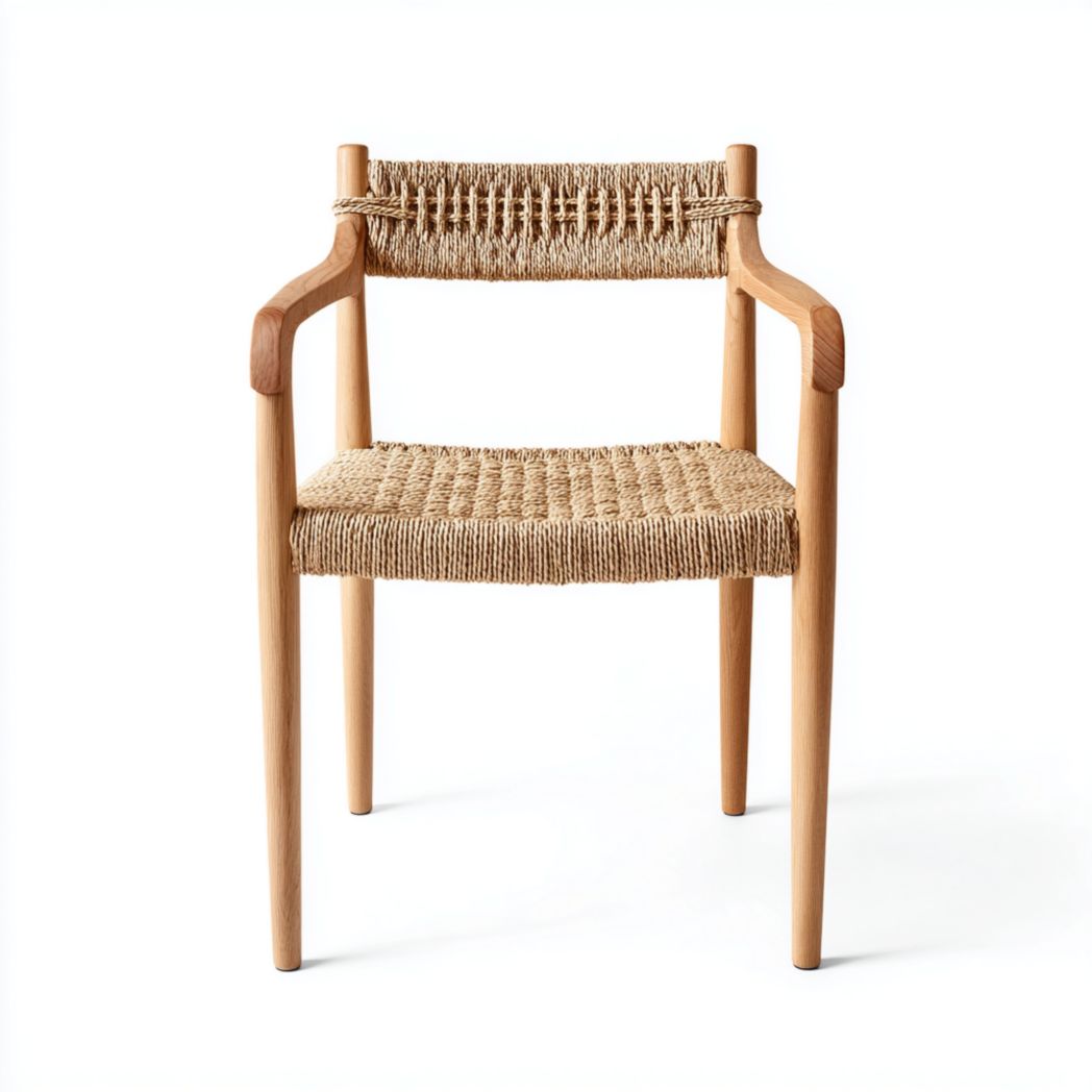 Chaise de salle à manger en bois clair et rotin tressé