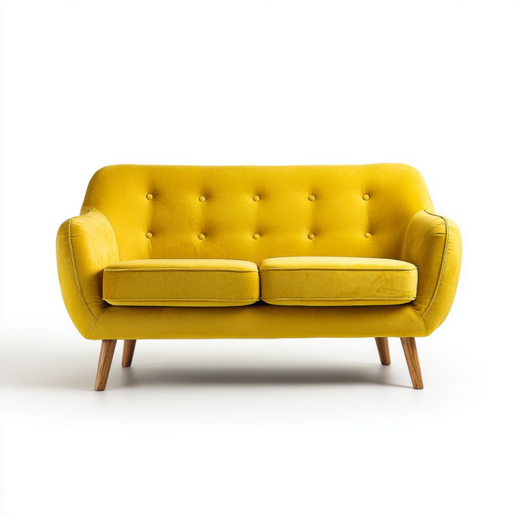 Canapé 2 places en tissu mélangé en lin jaune, pieds en bois brun clair