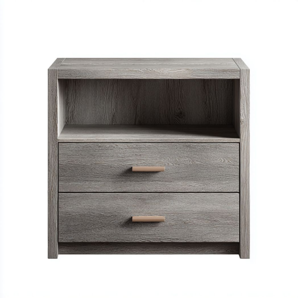 Table de chevet grise avec deux tiroirs et niche ouverte, poignées brun clair