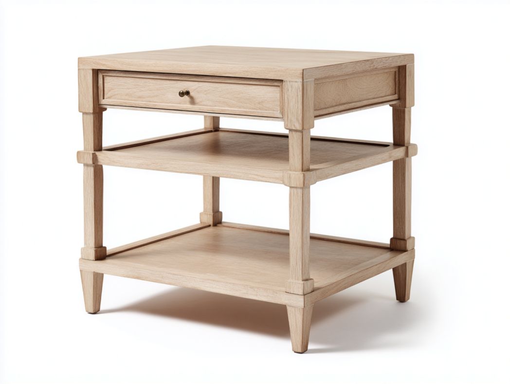 Table d'appoint carrée en bois brun clair avec tiroir et deux étagères