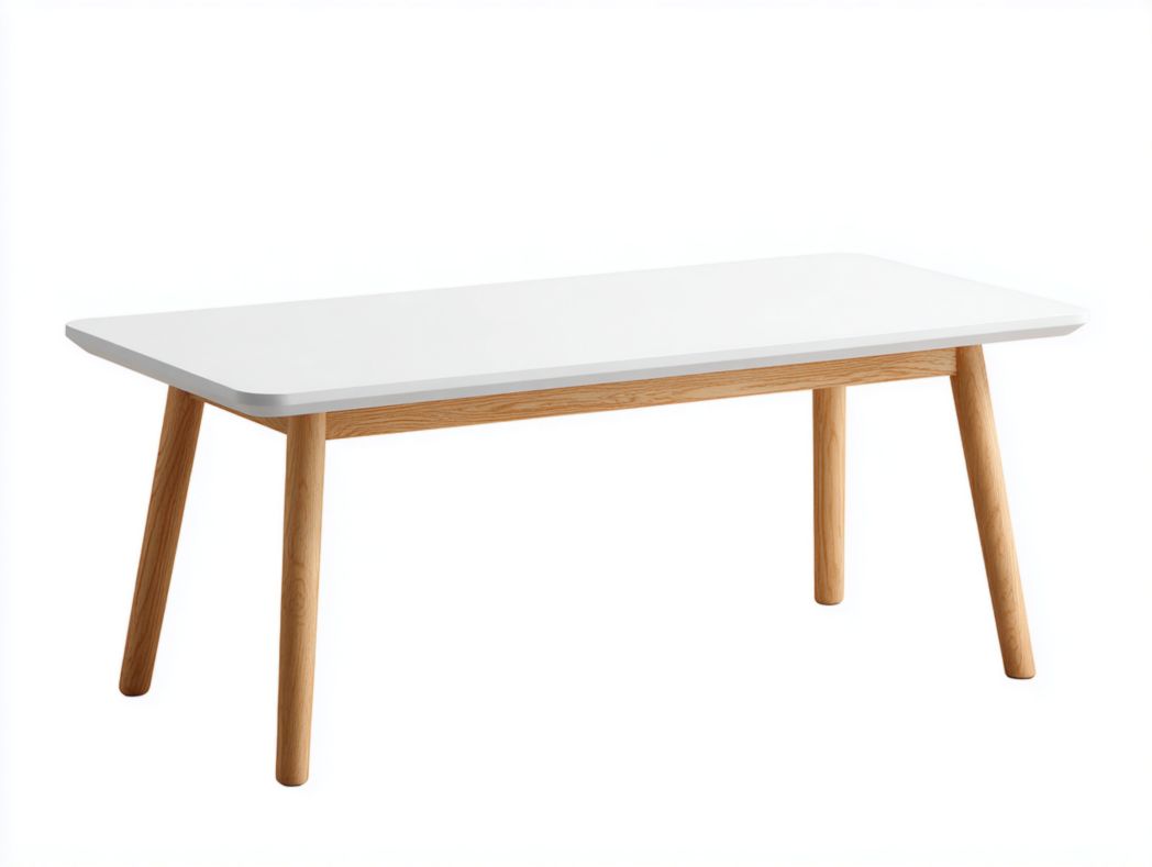 Table à manger rectangulaire blanche avec pieds brun clair en bois