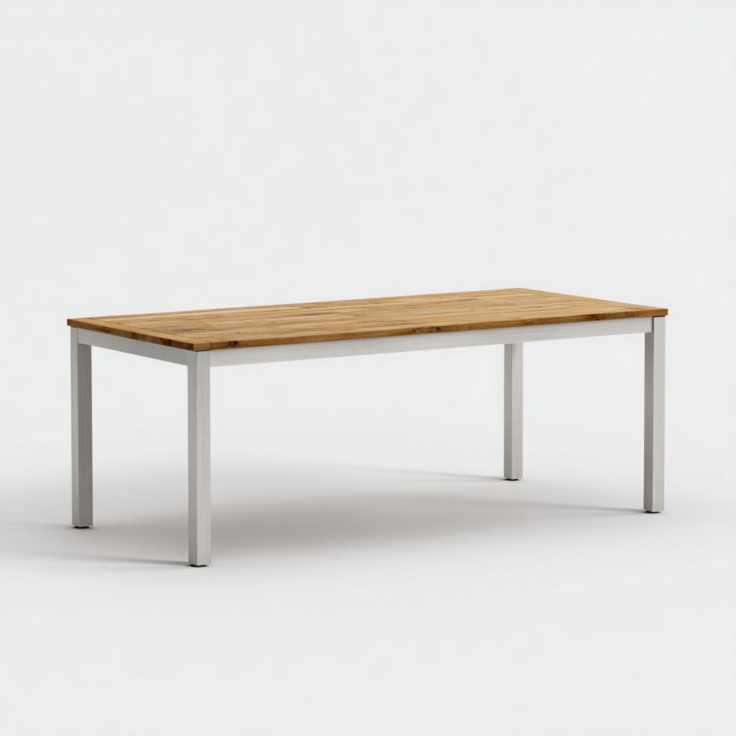 Table de jardin plateau bois brun clair et structure métallique gris argenté