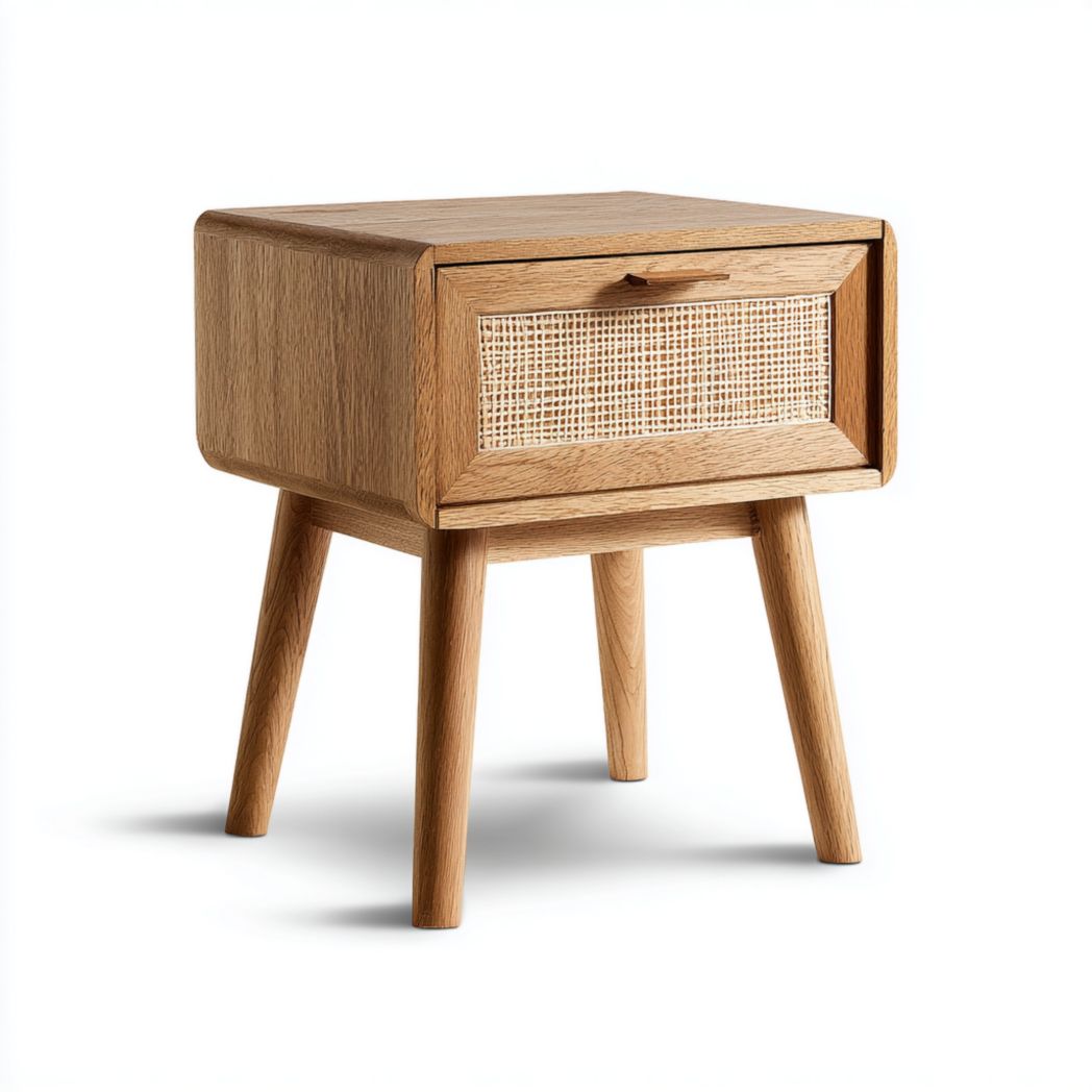 Table de chevet en bois brun clair avec façade en rotin beige et pieds assortis