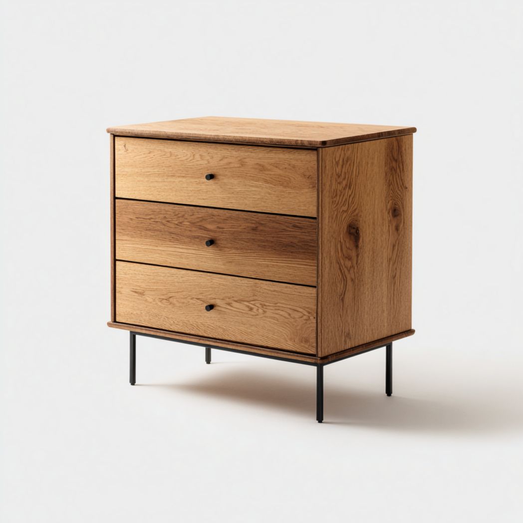 Commode en bois massif brun clair à trois tiroirs avec pieds en métal noir