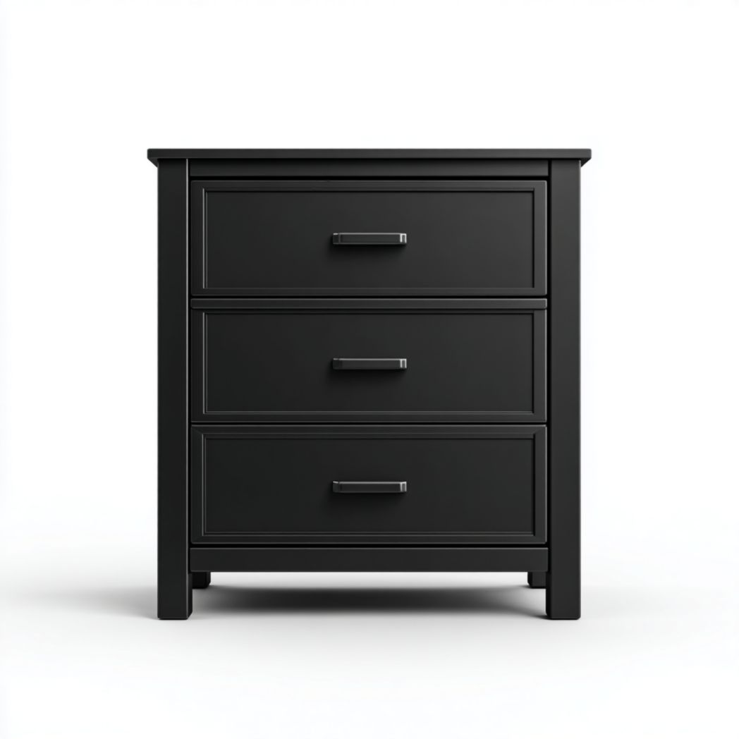 Commode noire à trois tiroirs avec poignées en métal noires