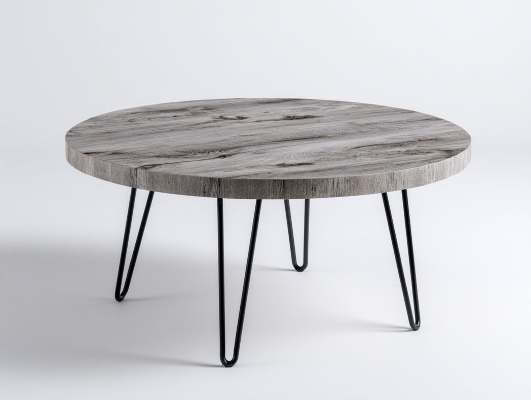 Table basse ronde effet bois gris avec pieds en métal noir