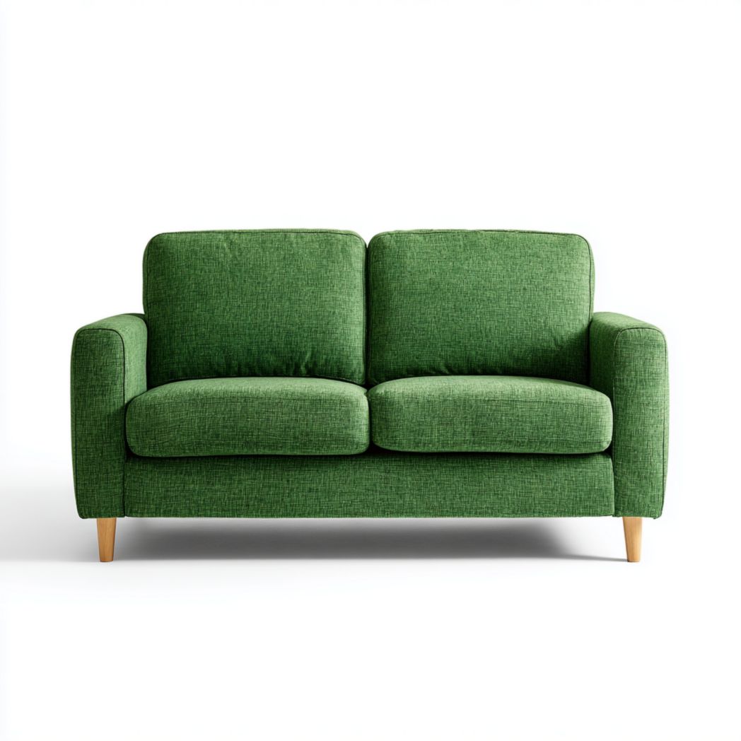 Canapé 2 places en tissu mélangé en lin vert, pieds en bois brun clair