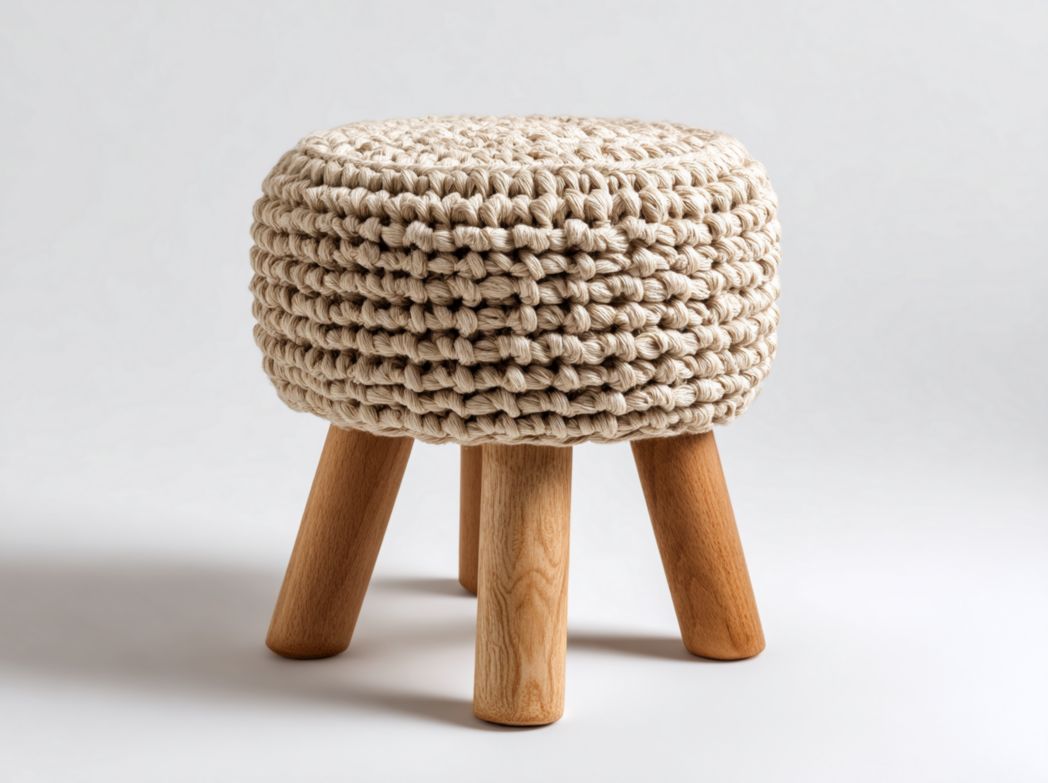 Tabouret rond en corde tressée beige et pieds en bois clair