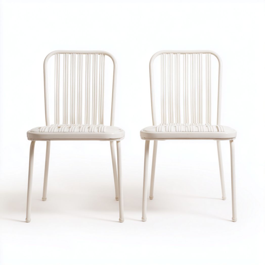 Lot de 2 chaises de jardin blanc cassé en rotin et structure métallique