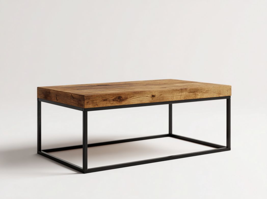 Table basse rectangulaire effet bois brun avec structure en métal noir